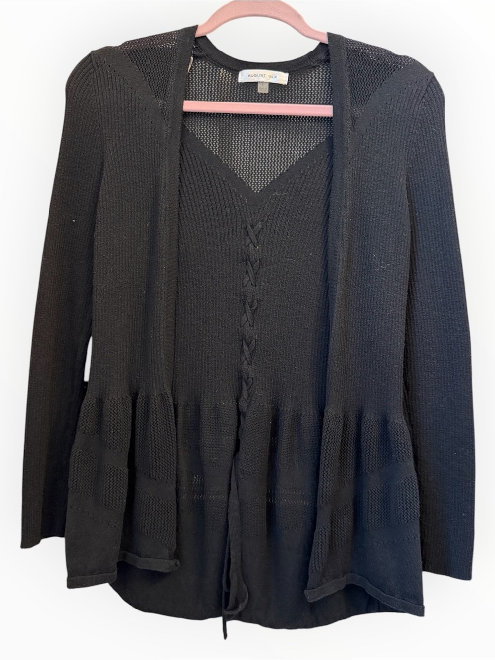 August Silk Black Open Knit Lace-Up Peplum Cardigan Sweater Size Large